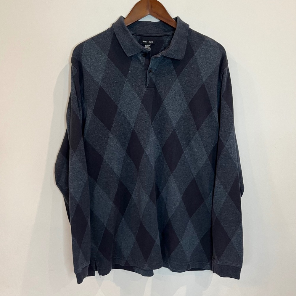 Van Heusen Mens XL Long Sleeve Argyle Polo Shirt Grey Black Cotton Blend